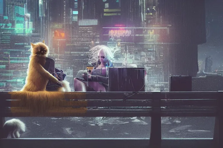 Image similar to a blonde woman with a ragdoll cat sitting next to each other on a bench, cyberpunk art by mike winkelmann, trending on cgsociety, retrofuturism, reimagined by industrial light and magic, darksynth, sci - fi