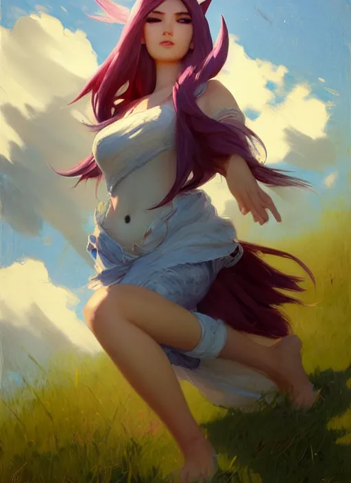 Prompt: portrait of Ahri from League of Legends after work, countryside, calm, fantasy character portrait, dynamic pose, above view, view from above, sunny day, thunder clouds in the sky, artwork by Jeremy Lipkin and Giuseppe Dangelico Pino and Michael Garmash and Rob Rey, very coherent symmetrical artwork, sharp edges, perfect face, simple form, 100mm