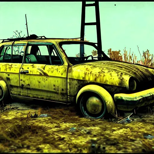 Prompt: Rusty Volkswagen Golf, screenshot from game Fallout 2 (1998), postapocalyptic