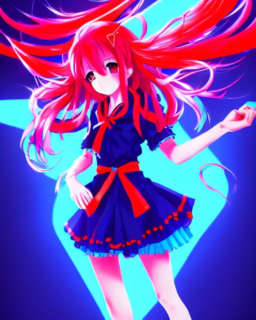 Image similar to anime style, vivid, expressive, full body, 4 k, painting, a cute magical girl idol with a long wavy hair wearing a dress fighting monsters, blue and red, balance, correct proportions, stunning, realistic light and shadow effects, neon lights, studio ghibly makoto shinkai yuji yamaguchi