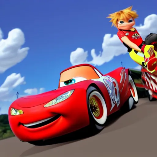 Prompt: Lightning Mcqueen teams up with Sora from Kingdom Hearts