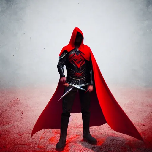 Image similar to warrior holding two swords, full body worn out cape, red hoodie, worn out clothes, symmetry, concept art, volumetric light, full body shot, 8K, trending on artstation