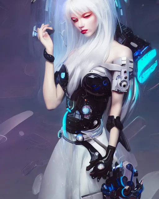 Image similar to cyborg girl with white hair and black skirt, flower decorations, dreamy, beautiful illustration, scifi, radiant, atmosphere, harmony, top lighting, blue eyes, focused, perfect composition, artstation, highly detailed, art by yuhong ding and chengwei pan and serafleur and ina wong