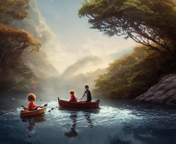 Image similar to a boy and girl sitting together on one single boat. Romantic. Girl has auburn hair, boy has short black hair. Narrow river in a forest, rocky shore, trees, shady, blue waters, ripples, waves, reflections, details, sharp focus, illustration, by Jordan Grimmer and greg rutkowski, Trending artstation, pixiv, digital art