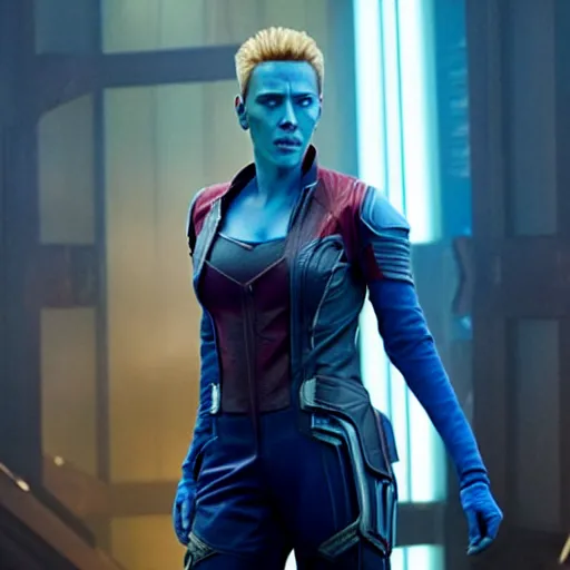 KREA - film still of bald and blue Scarlett Johansson as Nebula in  Guardians of the galaxy