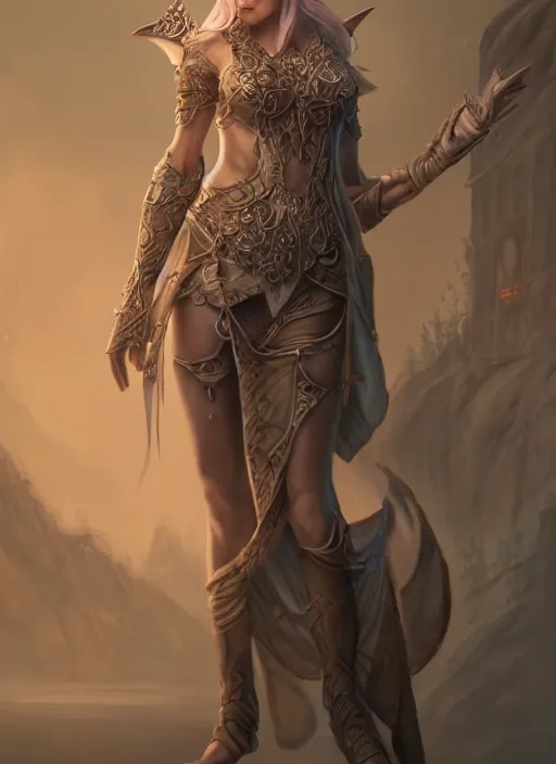 Image similar to full body concept, beautiful pastel painting of a D&D style elven female thief with a very beautiful face and centered eyes wearing intricate clothing, ultra detailed, octane render, 4K, dystopian, micro details