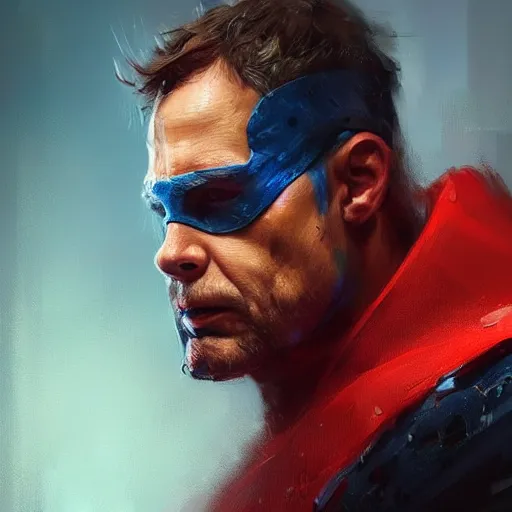 Image similar to portrait of superhero by greg rutkowski, michael biehn wearing a blue and red kevlar gear, highly detailed portrait, digital painting, artstation, concept art, smooth, sharp foccus ilustration, artstation hq