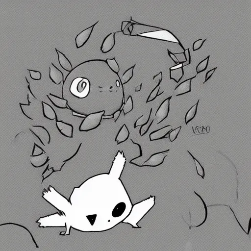 Image similar to dark, cute, grayscale, void living'leaves bush'creature, bright eyes, pokemon, hayao miyazaki, digital illustration, clipart, cartoon