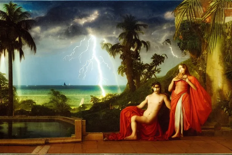 Image similar to Palace of the chalice, refracted sparkles, thunderstorm, greek pool, beach and Tropical vegetation on the background major arcana sky, by paul delaroche, hyperrealistic 4k uhd, award-winning, very detailed paradise