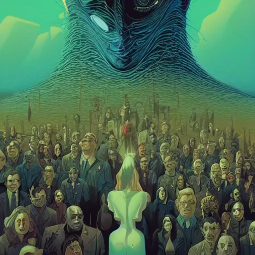 Image similar to poster artwork by Michael Whelan and Tomer Hanuka, Karol Bak of collective satori in a huge crowd, visual representation of collective consciousness, from scene from Twin Peaks, clean, simple illustration, nostalgic, domestic, full of details