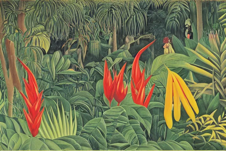 Image similar to heliconia in a garden, art by Henri Rousseau, studio Ghibli