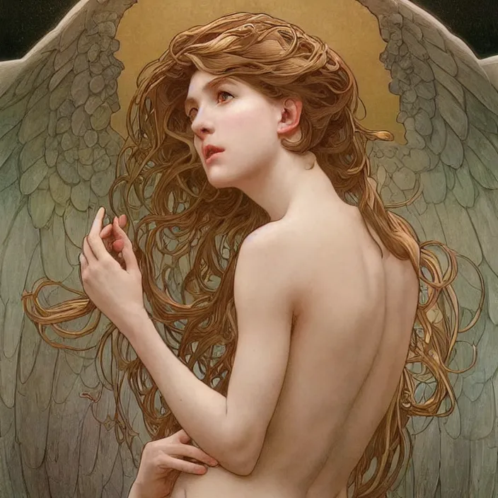 Image similar to a portrait of a beautiful! angel in low cut dress!! by ross tran!!! and alphonse mucha and greg rutkowski! and gustav dore! and zdzisław beksinski!, in style of digital art illustration. symmetry. highly detailed face. fantasy, smooth, hyper detailed, sharp focus, soft light. trending on artstation. 4 k