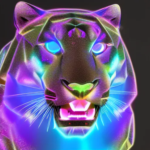 Image similar to face of multifaceted swarovski panther render, rainbow refraction, polished, highly reflective, porcelain, opal, quartz, diamond volumetric lighting, octane render, 8 k, photorealistic, ultra realistic