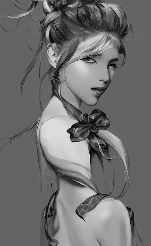 Prompt: beautiful picture of just a hairstyle with a few pearls, tied with a white bow, pinterest hair picture, back of the hair, hair is the focus, In style of Yoji Shinkawa, krenz cushart, Greg Rutkowski, highly detailed