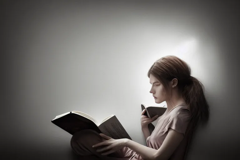 Image similar to an ultra realistic, cinematic, headshot portrait, of a girl reading a book, facial features, detailed, deep focus, movie still, dramatic lighting, ray tracing, by michal karcz and yoshitaka amano