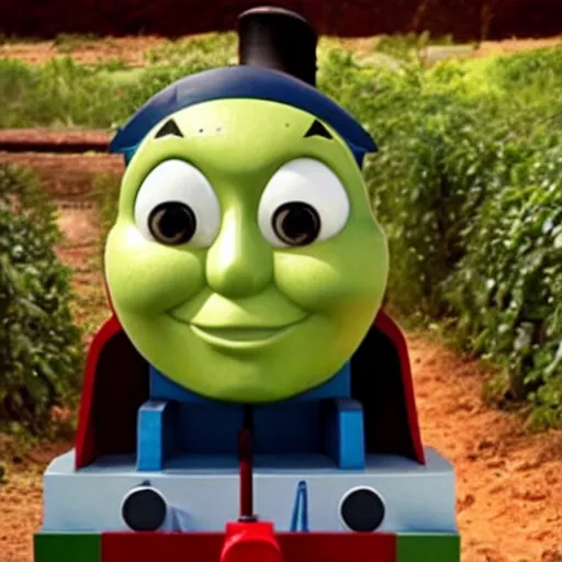 Image similar to thomas the tank as an avacado