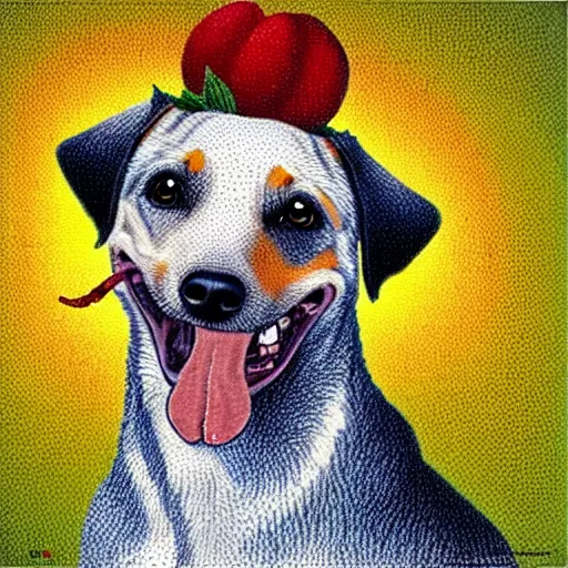 Prompt: dog smiling with human teeth, pointillism style, renaissance style, realistic canvas