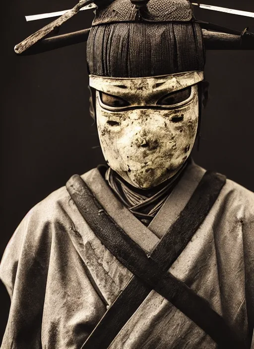 Image similar to samurai portrait photo, wearing all black mempo mask, after a battle, war scene, dirt and unclean, extreme detail, cinematic, dramatic lighting render, extreme photorealism photo by national geographic, jeff leg, masterpiece