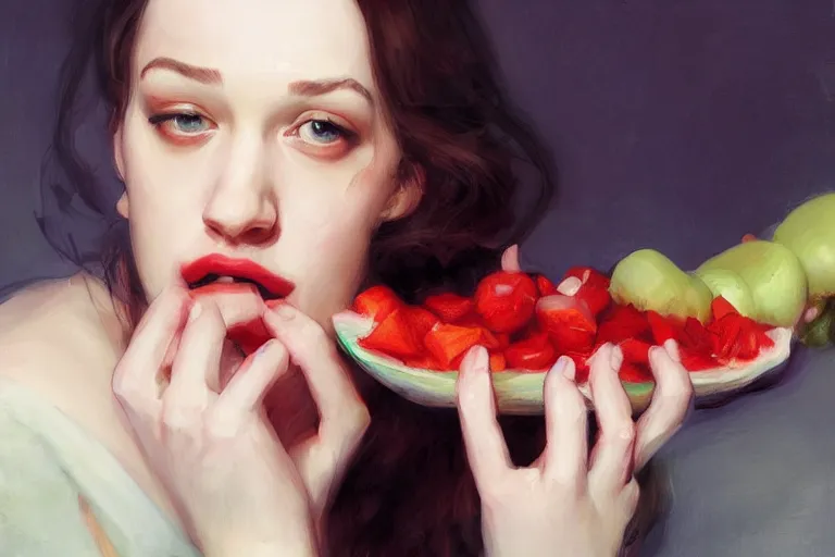 Image similar to A portrait of Kat Dennings eating various fruits by Ruan Jia and Mandy Jurgens and Artgerm and william-adolphe bouguerea, highly detailed, trending on artstation, award winning, H 768