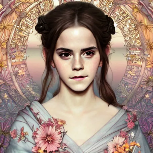 Image similar to Emma Watson as a Japanese Goddess, cute, fantasy, intricate, elegant, highly detailed, digital painting, 4k, HDR, concept art, smooth, sharp focus, illustration, art by artgerm and H R Giger and alphonse mucha