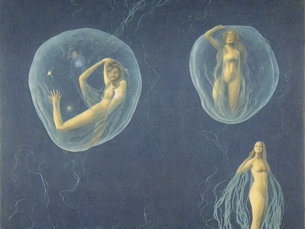 Image similar to Woman inside a jellyfish floating in the sky. Obsidian hills. Rene Magritte, Jean Delville, Max Ernst, Maria Sybilla Merian