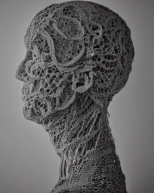 Image similar to a man's face in profile, made of intricate lace skeleton, in the style of the dutch masters and gregory crewdson, shot from drone, dark and moody