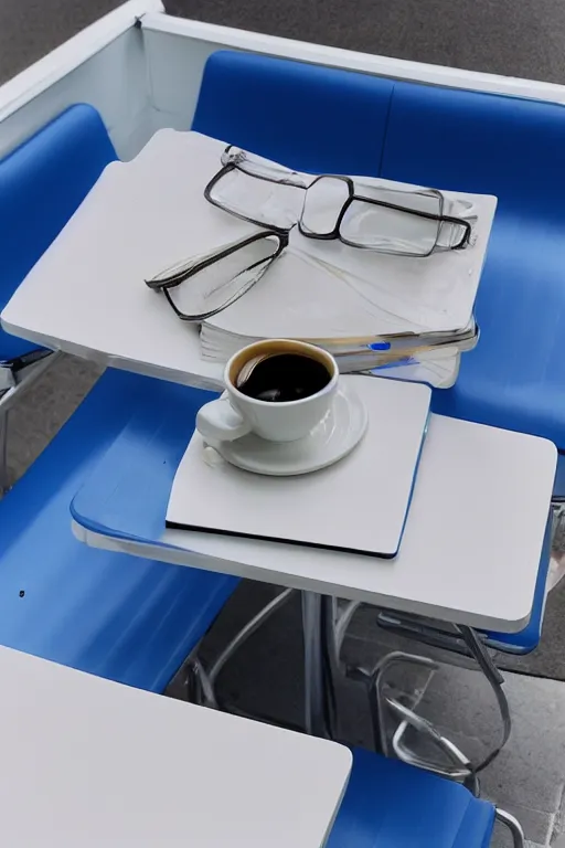 Image similar to a cup of coffee sitting on top of a white table diner booth, high angle, blue booth seats, a hyperrealistic photo by IAN SPRIGGS, flickr, conceptual art, photo taken with ektachrome, photo taken with provia, kodak portrait