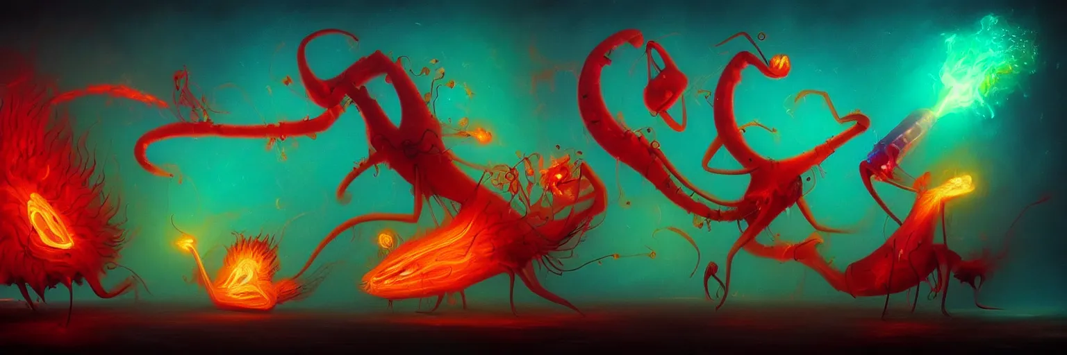 Prompt: whimsical surreal fiery plankton creatures, surreal dark uncanny painting by ronny khalil