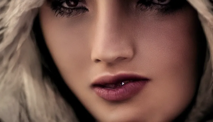 Image similar to beautiful eyes and lips, cinematic lighting, establishing shot