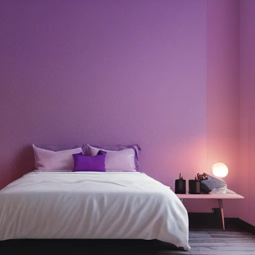 Prompt: interior of a beautiful and cozy bedroom, modern minimal design, vaporwave wallpaper texture, vivid lighting, purple color scheme, photorealist, 4 k