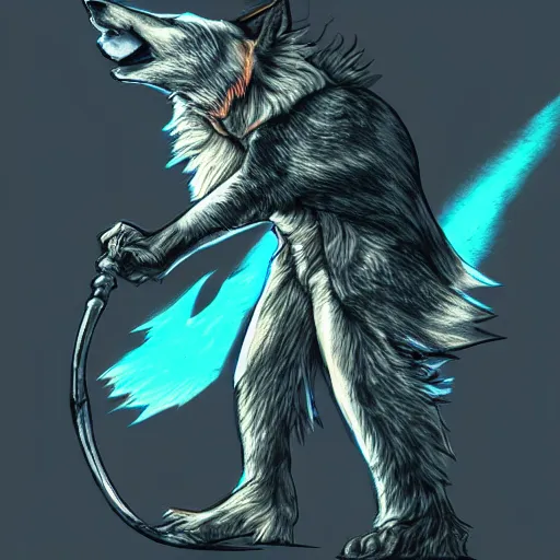 Image similar to wizard is holding a staff as a wolf, dynamic pose, chromatic aberration, medium level shot, fantasy, illustration, concept art,