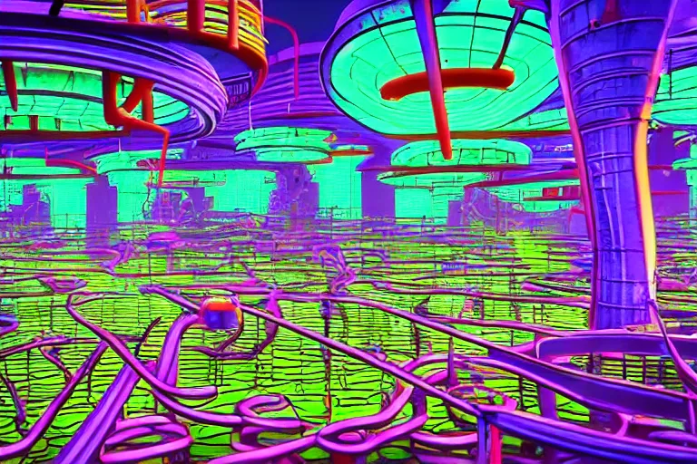 Image similar to dystopian neon fish factory