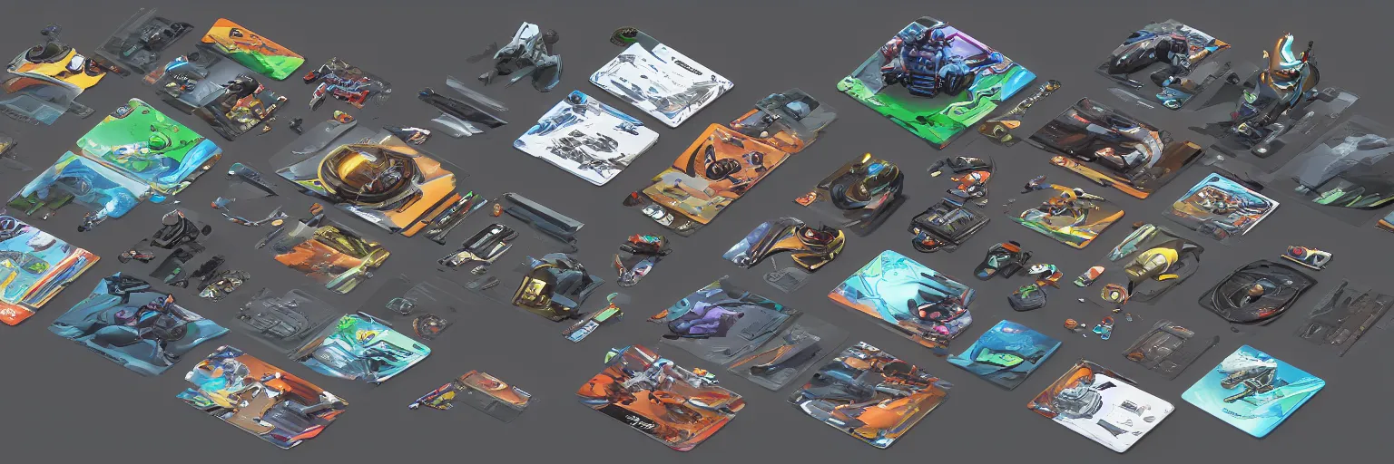 Prompt: car engine car parts concept art, cards, comic page, realistic fortnite, ui cards