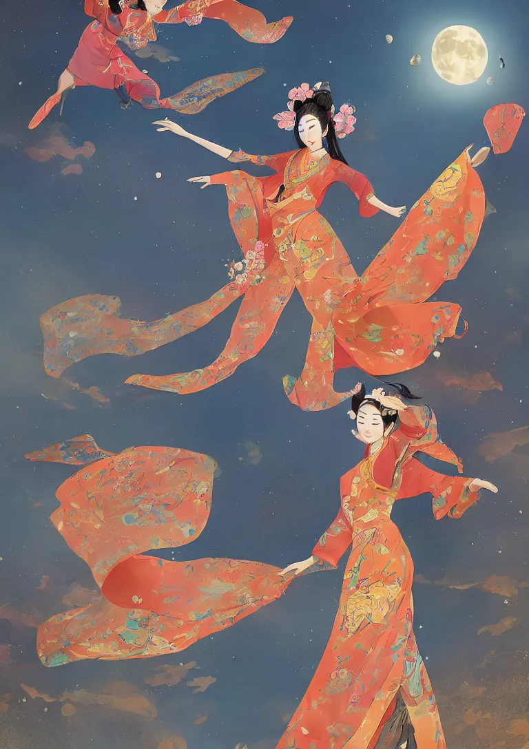 Prompt: a beautiful girl flying to the moon, wearing ancient chinese clothes, clothes floating, by disney concept artists