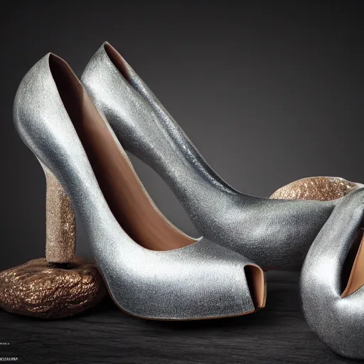 Image similar to medieval silver high heels, photoshoot, photography, 4 k, hyper realistic