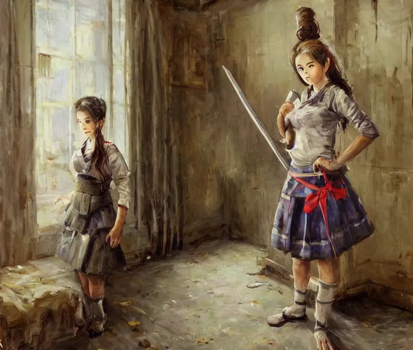 Prompt: School girl holding a katana and standing on an abandoned hospital room , by Konstantin Razumov, horror scene, highly detailded