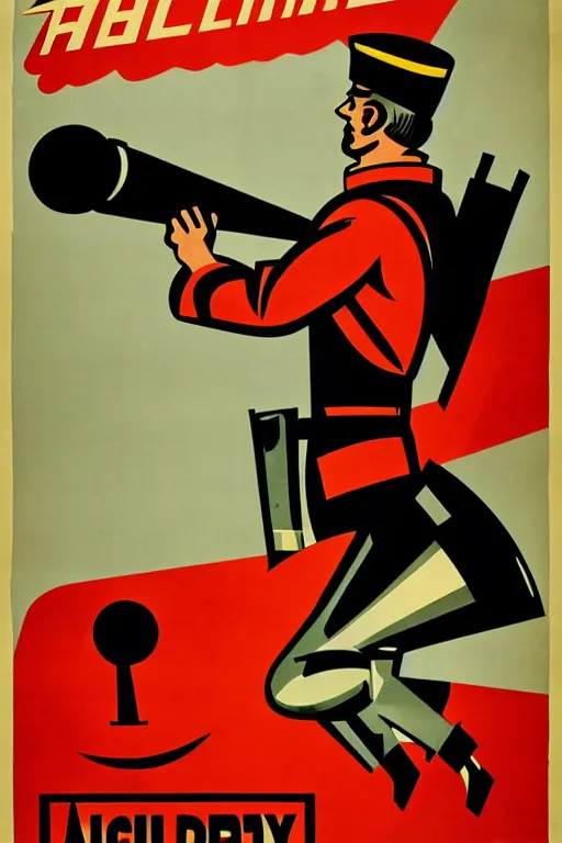 Image similar to fictional propaganda poster showing a man pointing to the left with artillery cannons behind him, artillery battery, highly stylized, high contrast, limited palette, 1 9 2 0 s