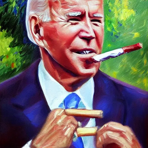 Image similar to oil painting of joe biden smoking a cigar, bright, impressionist colors