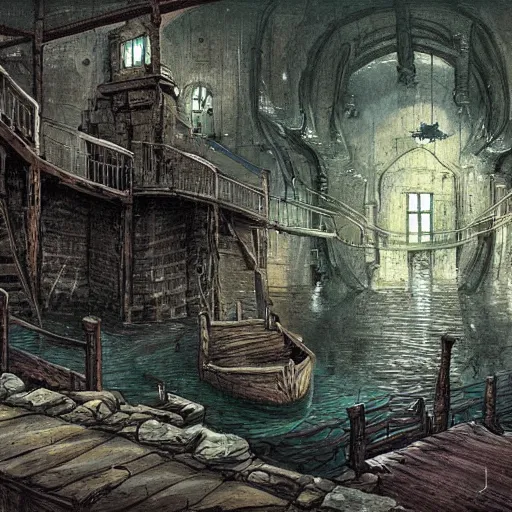 Prompt: drowned bandit lair, sewers, victorian, warehouse, fantasy art