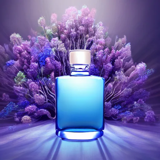 Image similar to photorealistic blue perfume bottle surrounded by plethora of blue flowers, lonely world still shining through faintly rainbow led lights, beautiful surreal scenery artwork pixiv. soul dust. unthinkable dream sublime god lighting, sun rays, cold colors. insanely detailed, artstation!! pixiv!! infinitely detailed created by god