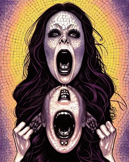 Prompt: comic horror cover art of a beautiful woman screaming in terror, skull mosaic background, illustration by jenny frison and sana takeda, intricate details, stunning inking lines, stunning gradient colors, 4 k, hd, artstation, award winning