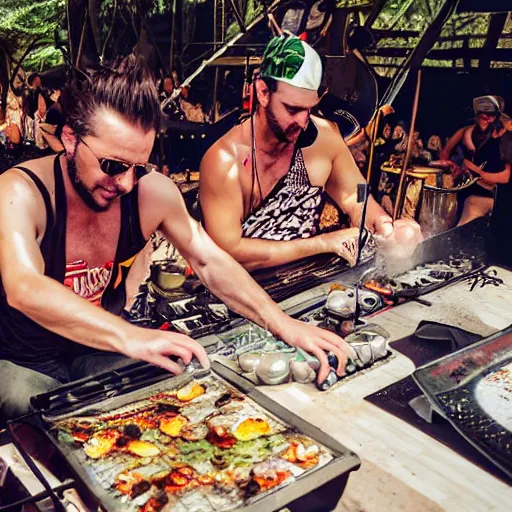 Image similar to scandy and arender, cooking it up, hot hot hot, splash, ahhhhhhh, roomies, bohemian digitals, playing a live gig at ozora festival, no faces visible, huge crowd, ecstatic, photography