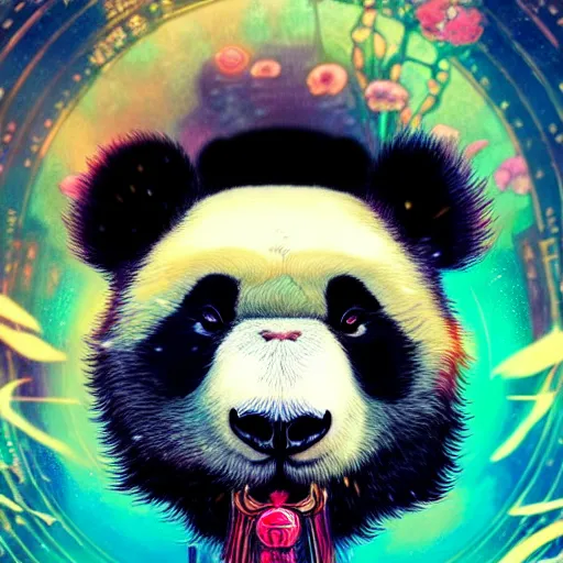 Image similar to a beautiful hyperdetailed character design 4 k wallpaper illustration of a cute panda with a chinese lion dance head victo ngai cyberpunk style, from china, style of studio ghibli, makoto shinkai, raphael lacoste, louis comfort tiffany, artgerm, james jean, ross tran, chinese style