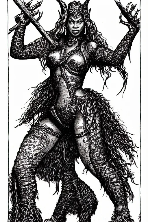 Image similar to beyonce as a d & d monster, full body, pen - and - ink illustration, etching, by russ nicholson, david a trampier, larry elmore, 1 9 8 1, hq scan, intricate details, inside stylized border