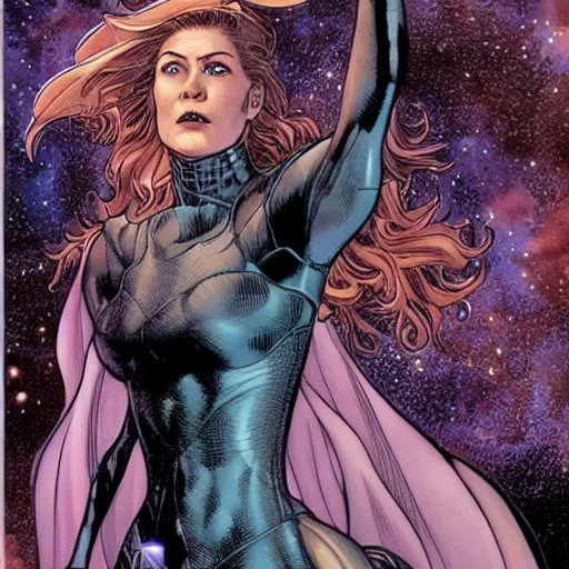 Prompt: Rosamund Pike as a quirky futuristic space witch, brown-hair, intricate, elegant, highly detailed, smooth, sharp focus, detailed face, high contrast, dramatic lighting, graphic novel, art by Ardian Syaf and John Cassaday and Michael Choi,