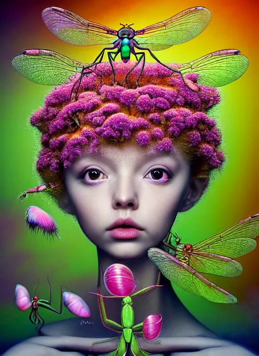 Image similar to hyper detailed 3d render like a Oil painting - kawaii portrait Aurora (gold haired Singer Praying Mantis Dragonfly) seen Eating of the Strangling network of yellowcake aerochrome and milky Fruit and Her compund eyes delicate Hands hold of gossamer polyp blossoms bring iridescent fungal flowers whose spores black the foolish stars by Jacek Yerka, Mariusz Lewandowski, Houdini algorithmic generative render, Abstract brush strokes, Masterpiece, Edward Hopper and James Gilleard, Zdzislaw Beksinski, Mark Ryden, Wolfgang Lettl, hints of Yayoi Kasuma, octane render, 8k