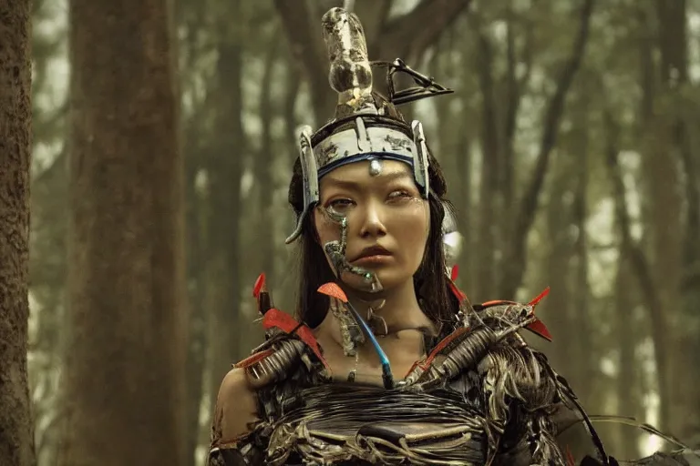 Image similar to vfx movie scene closeup ancient nomad cyborg warrior geisha in a smoldering forest. by emmanuel lubezki