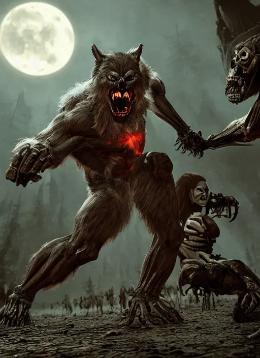 Image similar to a muscular werewolf fighting an endless army of skeletons, ultra - detailed fantasy, realistic, dnd, behance hd, artstation, ray tracing hdr render in unreal engine 5