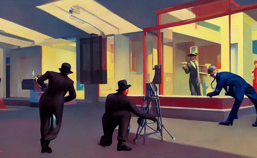 Prompt: detectives on crime scene, very coherent, painted by Edward Hopper, Wayne Barlowe, painted by James Gilleard, airbrush, art by JamesJean