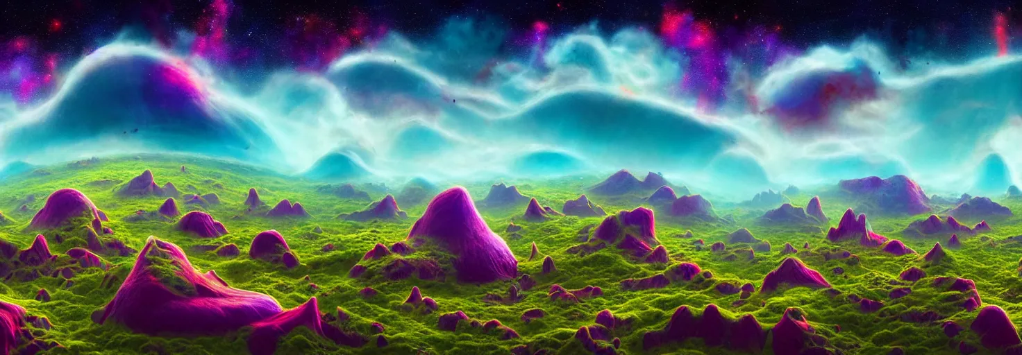 Prompt: a view of a surreal alien variated planetary fractal landscape with gigantic and small colorful exotic fungus of varying sizes scattered across the vast landscapes, surreal clouds, floating islands, 4 k, retro, detailed, vibrant, weird skies, extradimensional, stars, galaxies, trending on artstation